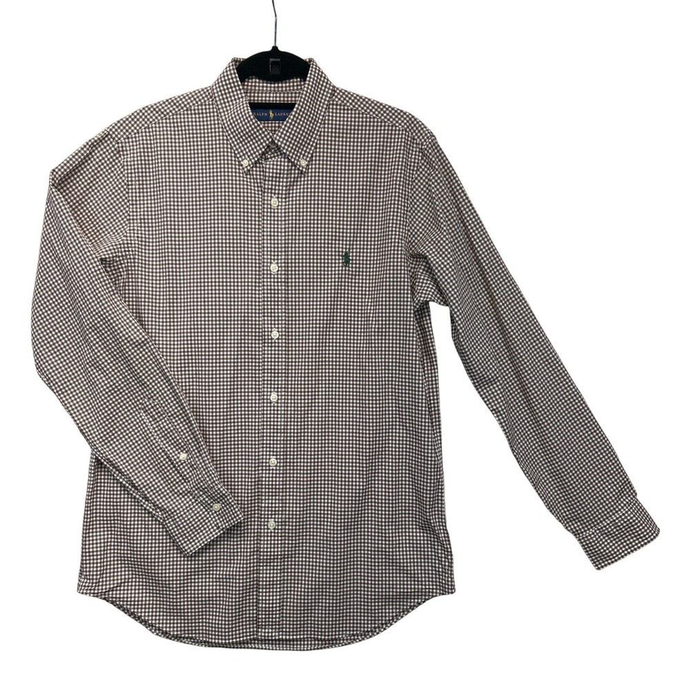 Ralph Lauren Shirt Men M Brown‎ Gingham Check Button Long Sleeve Cotton Preppy